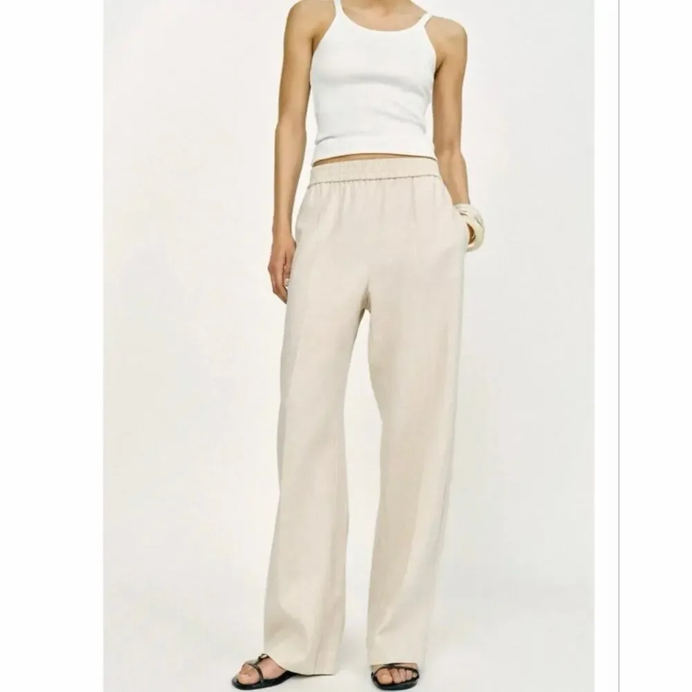 Zara Linen Blend Wide Leg Pants Beige Oatmeal Elastic Waist Size M EUC